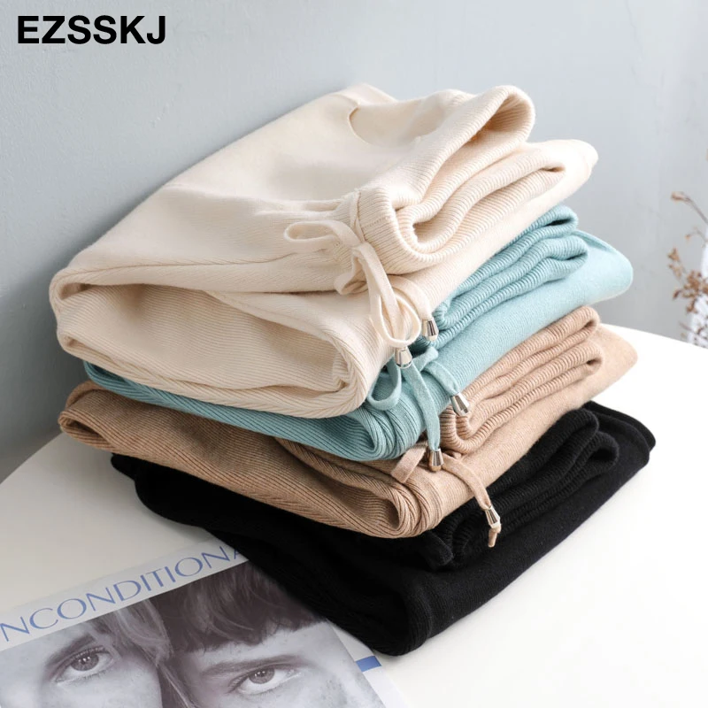Women Elastic Waist Drawstring Trousers Thick Knitted Harem Pants Autumn Winter Sport pants sweater Knitted Carrot pants