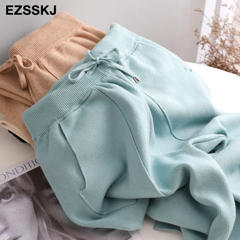 Women Elastic Waist Drawstring Trousers Thick Knitted Harem Pants Autumn Winter Sport pants sweater Knitted Carrot pants