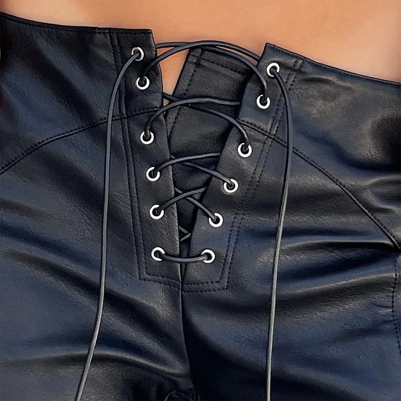 Pu Pants Women Sexy Long Pants Slim Capris Low Waist Lace Up Straight Trousers Y2k Streetwear Elegant Splice Work Casual 2026