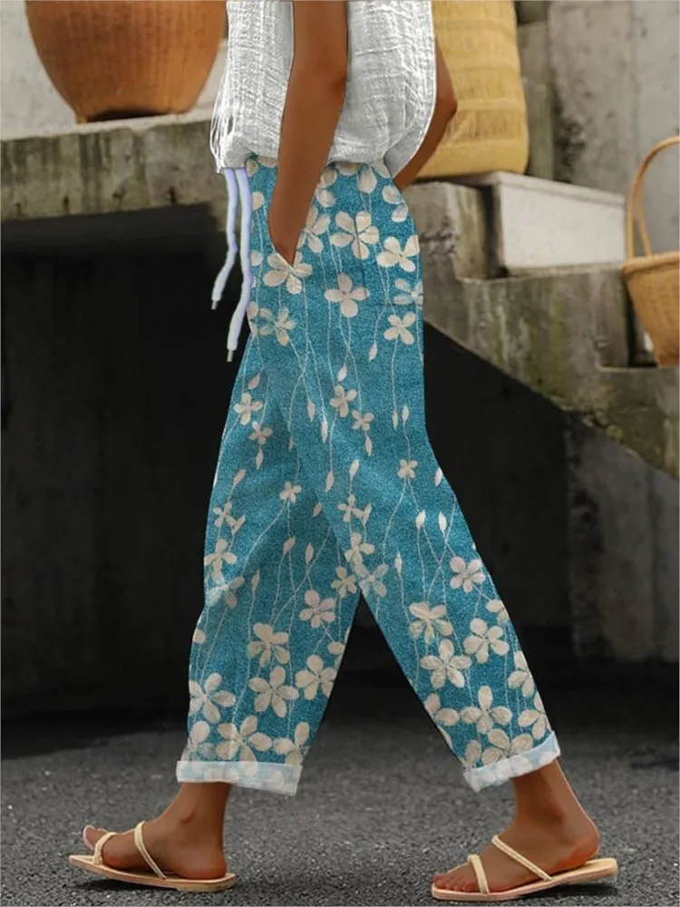 Women's Fashion Print Pants Casual Button Pockets Ankle-Length Pants For Women Boho Holiday Womens Clothing Spring Summer New
