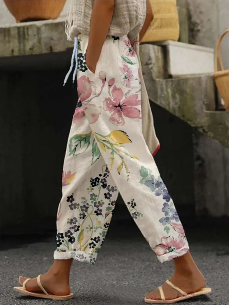 Women's Fashion Print Pants Casual Button Pockets Ankle-Length Pants For Women Boho Holiday Womens Clothing Spring Summer New