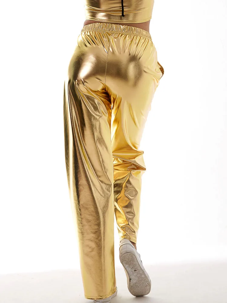 Women Adult Shiny Straight Leg Pants Casual High Waist Metallic Pants Super Long Holographic Pants Disco Bottoms