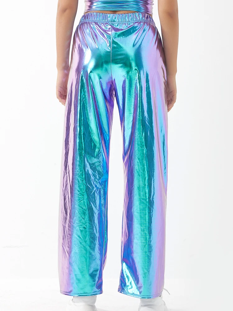 Women Adult Shiny Straight Leg Pants Casual High Waist Metallic Pants Super Long Holographic Pants Disco Bottoms
