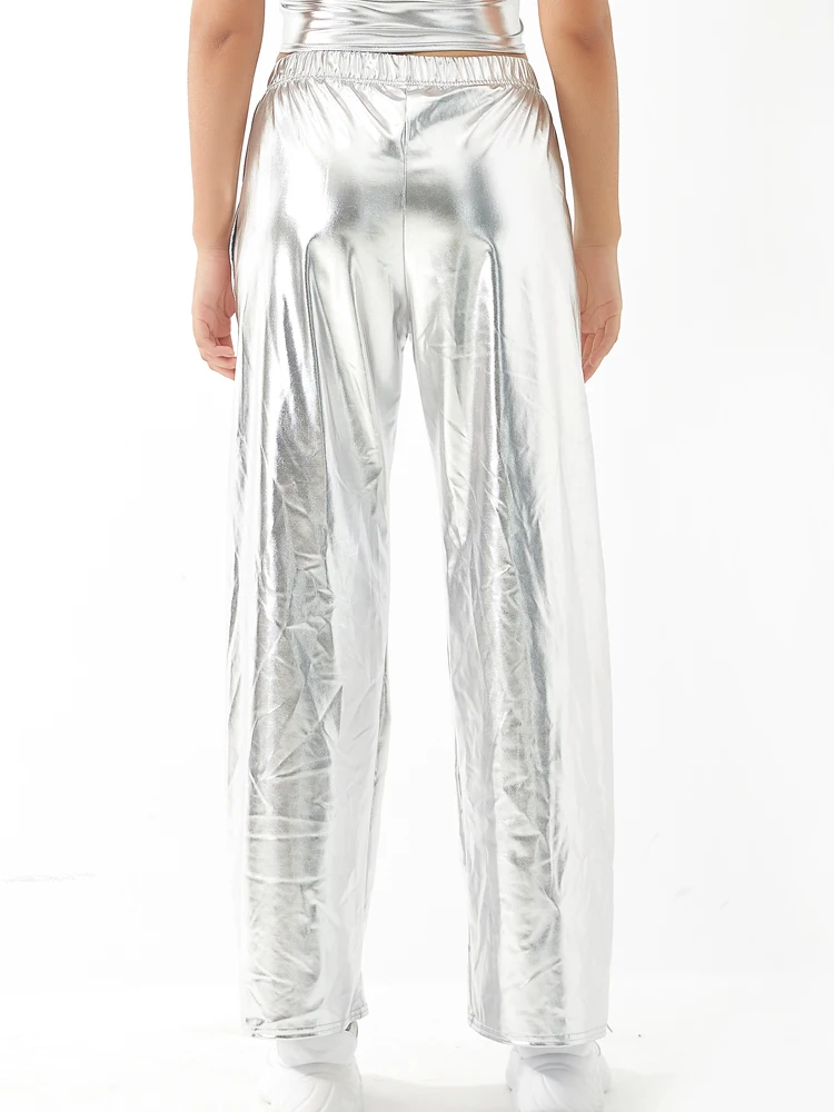 Women Adult Shiny Straight Leg Pants Casual High Waist Metallic Pants Super Long Holographic Pants Disco Bottoms