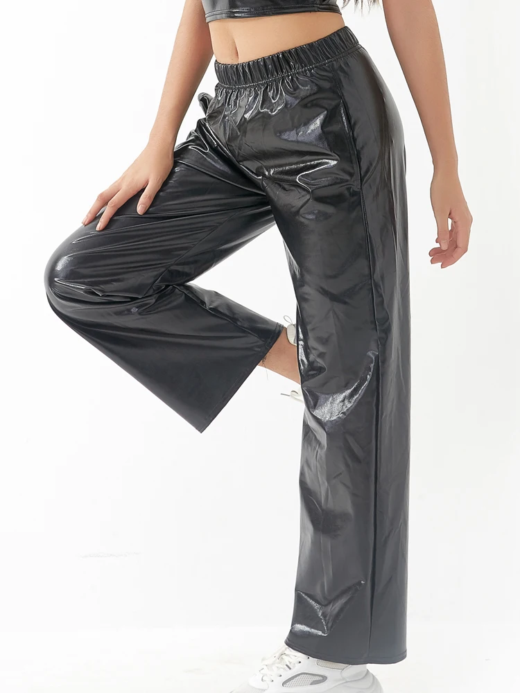 Women Adult Shiny Straight Leg Pants Casual High Waist Metallic Pants Super Long Holographic Pants Disco Bottoms