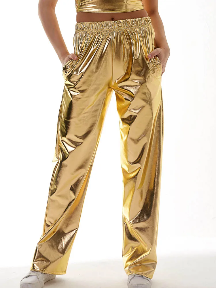Women Adult Shiny Straight Leg Pants Casual High Waist Metallic Pants Super Long Holographic Pants Disco Bottoms