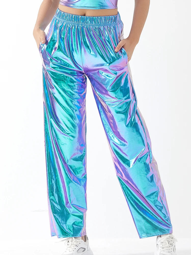 Women Adult Shiny Straight Leg Pants Casual High Waist Metallic Pants Super Long Holographic Pants Disco Bottoms
