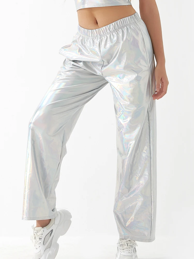 Women Adult Shiny Straight Leg Pants Casual High Waist Metallic Pants Super Long Holographic Pants Disco Bottoms
