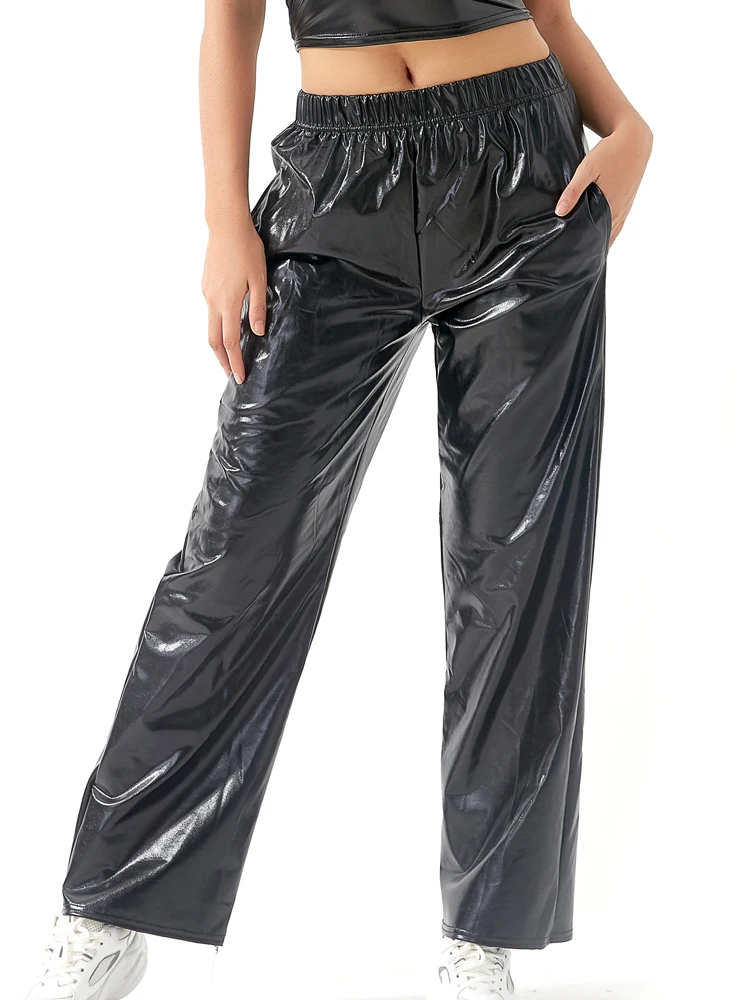 Women Adult Shiny Straight Leg Pants Casual High Waist Metallic Pants Super Long Holographic Pants Disco Bottoms
