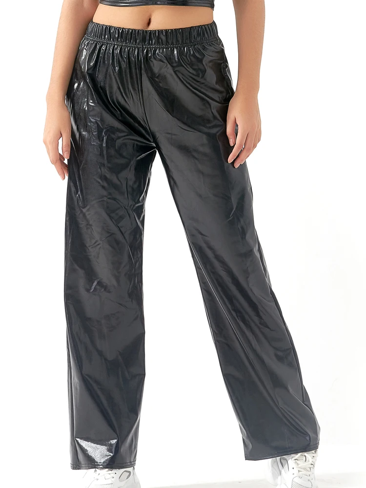 Women Adult Shiny Straight Leg Pants Casual High Waist Metallic Pants Super Long Holographic Pants Disco Bottoms
