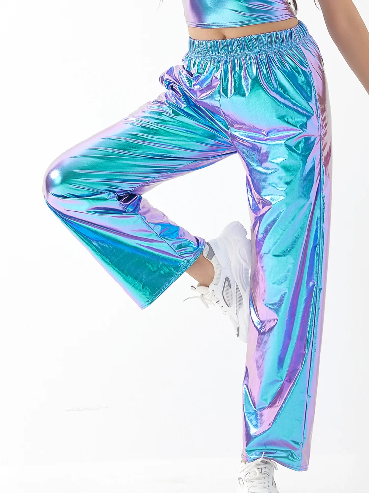 Women Adult Shiny Straight Leg Pants Casual High Waist Metallic Pants Super Long Holographic Pants Disco Bottoms