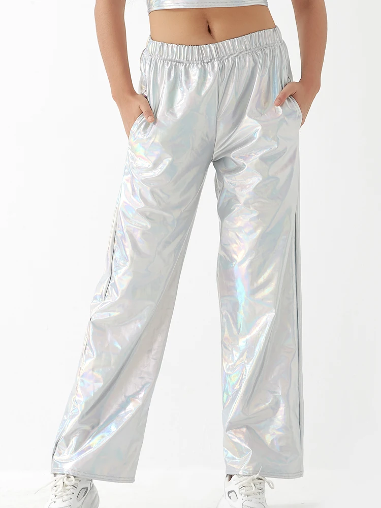 Women Adult Shiny Straight Leg Pants Casual High Waist Metallic Pants Super Long Holographic Pants Disco Bottoms