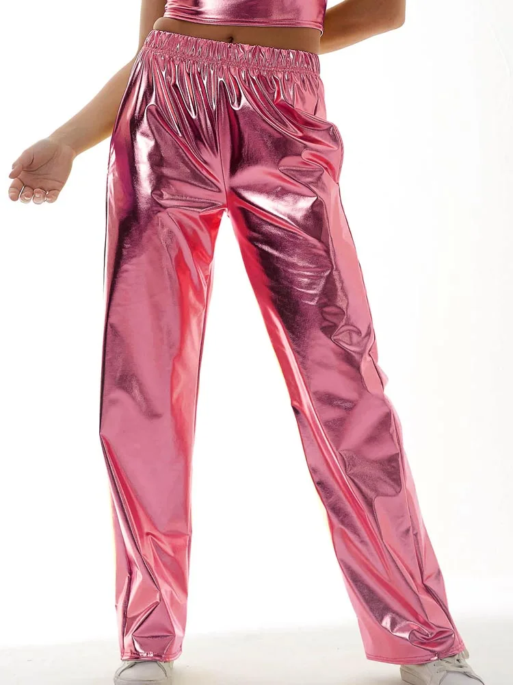 Women Adult Shiny Straight Leg Pants Casual High Waist Metallic Pants Super Long Holographic Pants Disco Bottoms