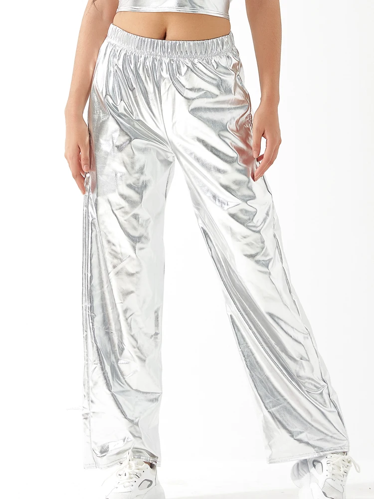 Women Adult Shiny Straight Leg Pants Casual High Waist Metallic Pants Super Long Holographic Pants Disco Bottoms