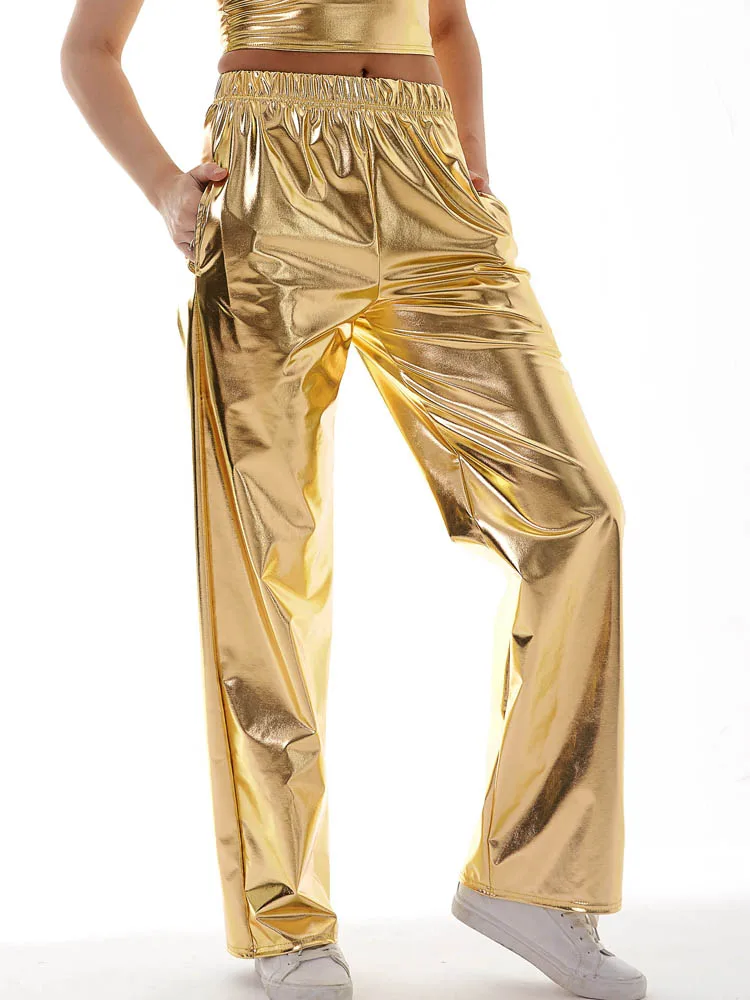 Women Adult Shiny Straight Leg Pants Casual High Waist Metallic Pants Super Long Holographic Pants Disco Bottoms