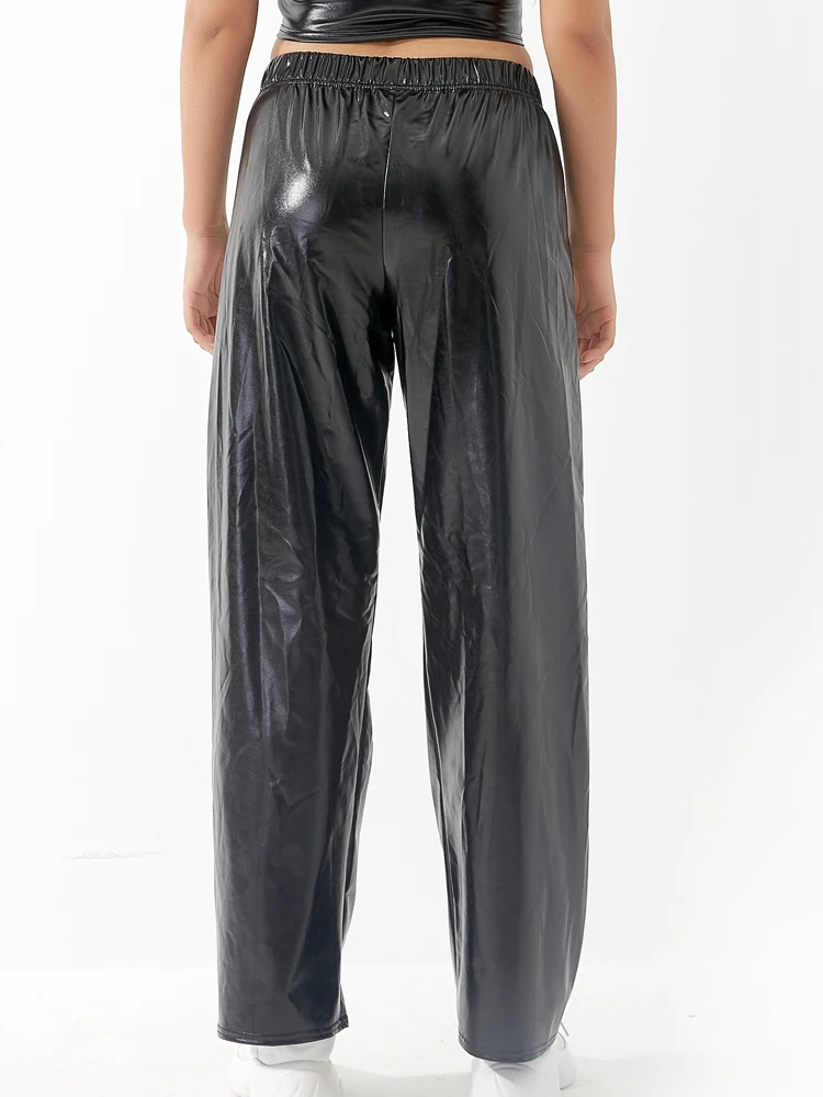 Women Adult Shiny Straight Leg Pants Casual High Waist Metallic Pants Super Long Holographic Pants Disco Bottoms