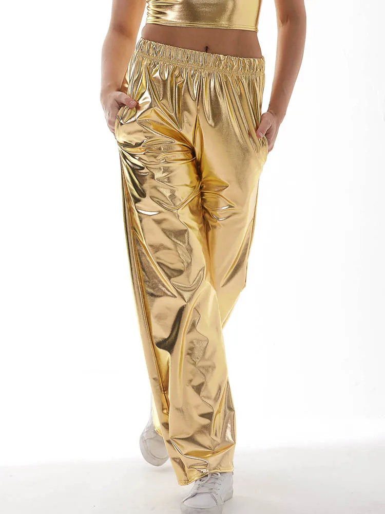 Women Adult Shiny Straight Leg Pants Casual High Waist Metallic Pants Super Long Holographic Pants Disco Bottoms