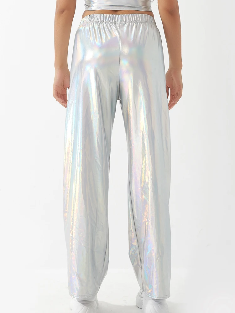 Women Adult Shiny Straight Leg Pants Casual High Waist Metallic Pants Super Long Holographic Pants Disco Bottoms