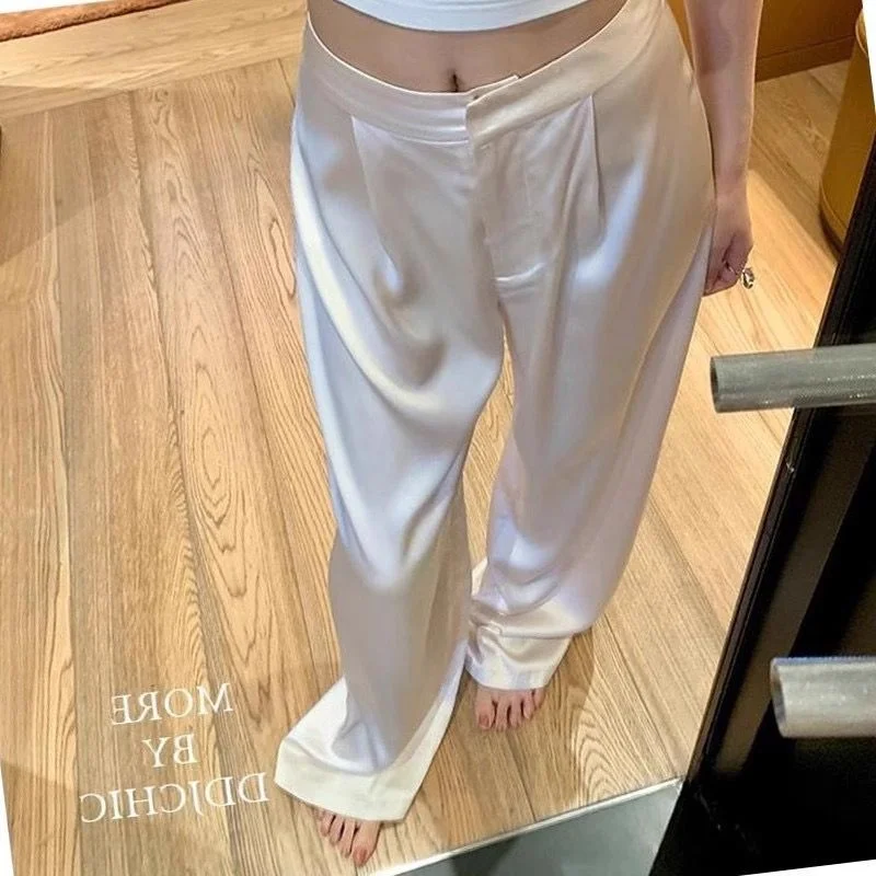 Summer Luxury Silk Satin Pants Elegant Office Lady Suit Pants Solid Color High Waist Pleated Wide Leg Pants Casual Baggy Trouser
