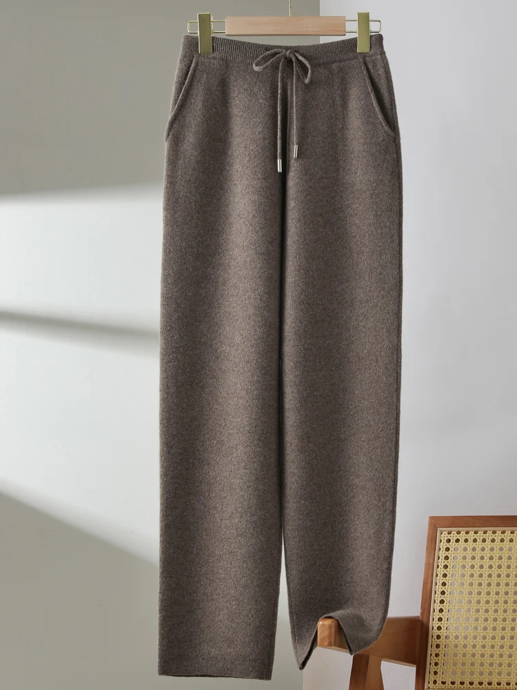 100% Pure Wool Small Leg Pants Kintted Autumn Winter Women's Fashionable Casual Versatile Thick Solid Color Pocket Cashmere Pant