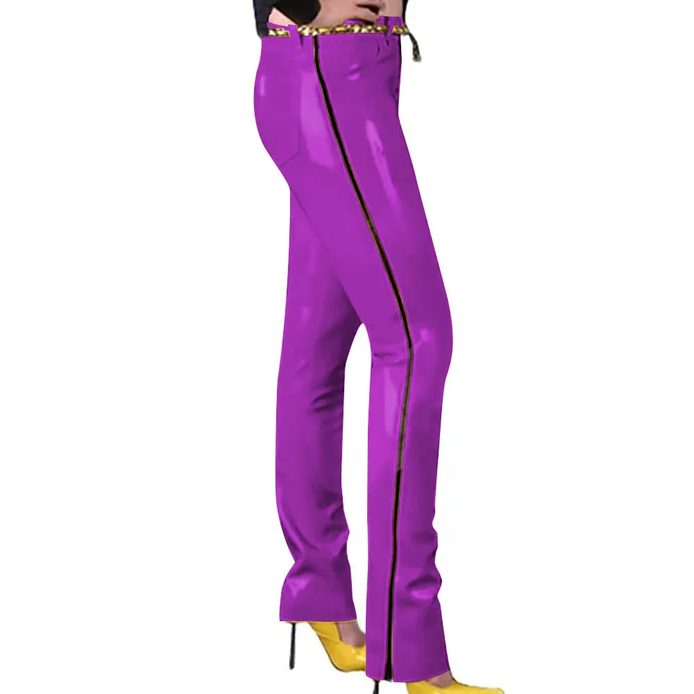 Fashion Glossy PVC Pencil Pants Punk Gothic Glossy Faux Leather Trousers Sexy High Waist Unisex Leggings with Zipper and Pocket
