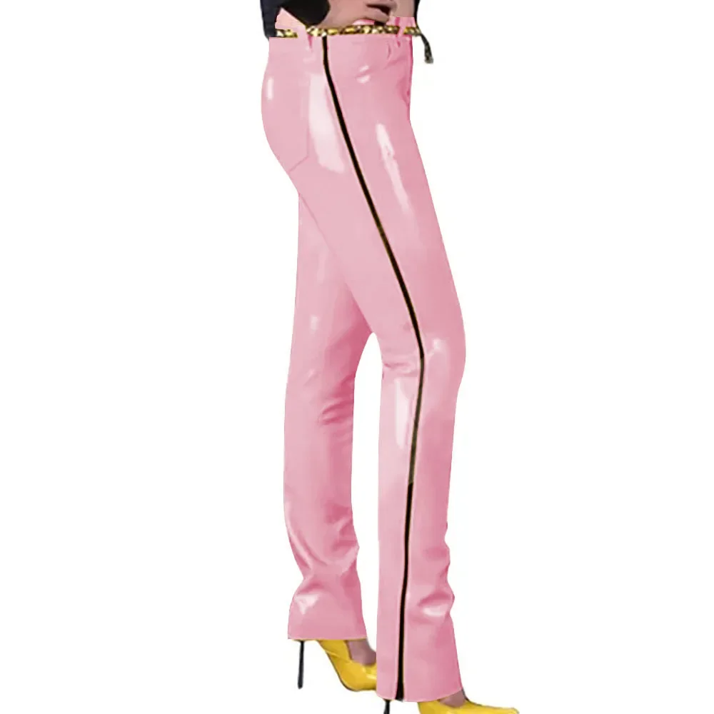 Fashion Glossy PVC Pencil Pants Punk Gothic Glossy Faux Leather Trousers Sexy High Waist Unisex Leggings with Zipper and Pocket