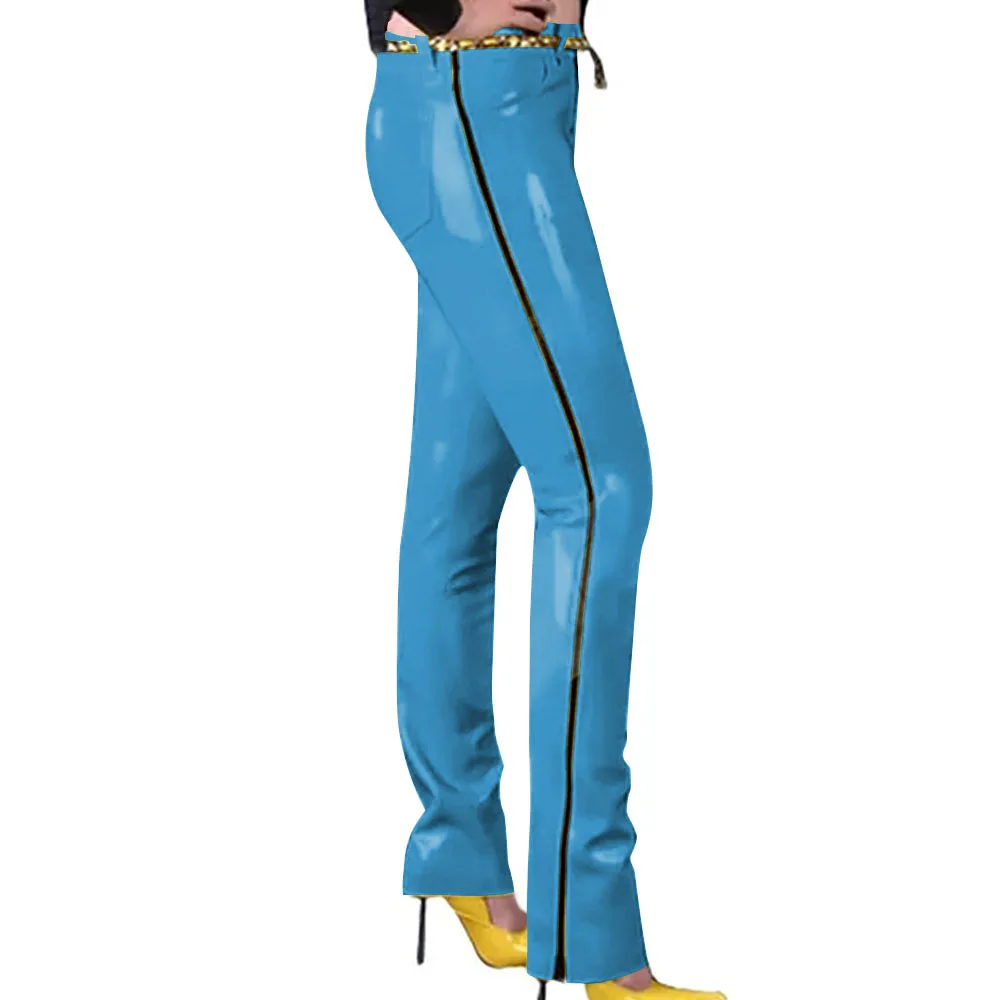 Fashion Glossy PVC Pencil Pants Punk Gothic Glossy Faux Leather Trousers Sexy High Waist Unisex Leggings with Zipper and Pocket