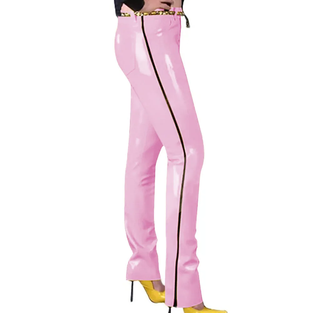 Fashion Glossy PVC Pencil Pants Punk Gothic Glossy Faux Leather Trousers Sexy High Waist Unisex Leggings with Zipper and Pocket