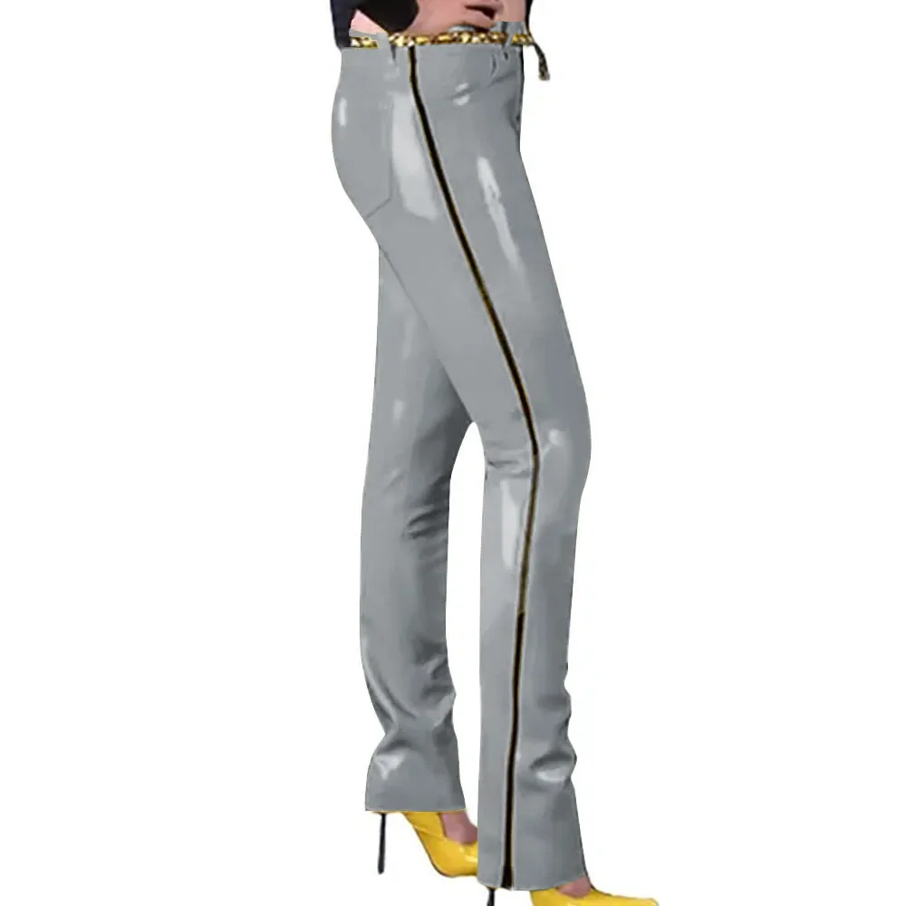 Fashion Glossy PVC Pencil Pants Punk Gothic Glossy Faux Leather Trousers Sexy High Waist Unisex Leggings with Zipper and Pocket