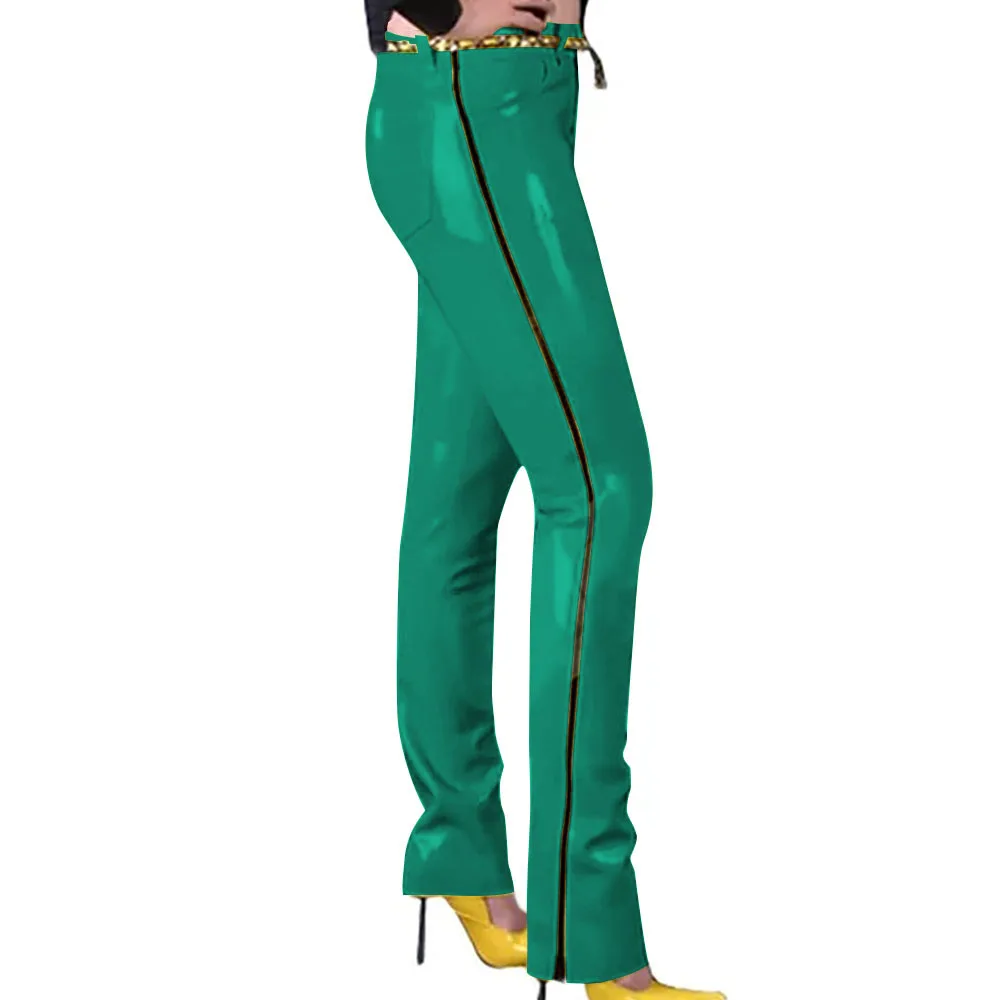 Fashion Glossy PVC Pencil Pants Punk Gothic Glossy Faux Leather Trousers Sexy High Waist Unisex Leggings with Zipper and Pocket