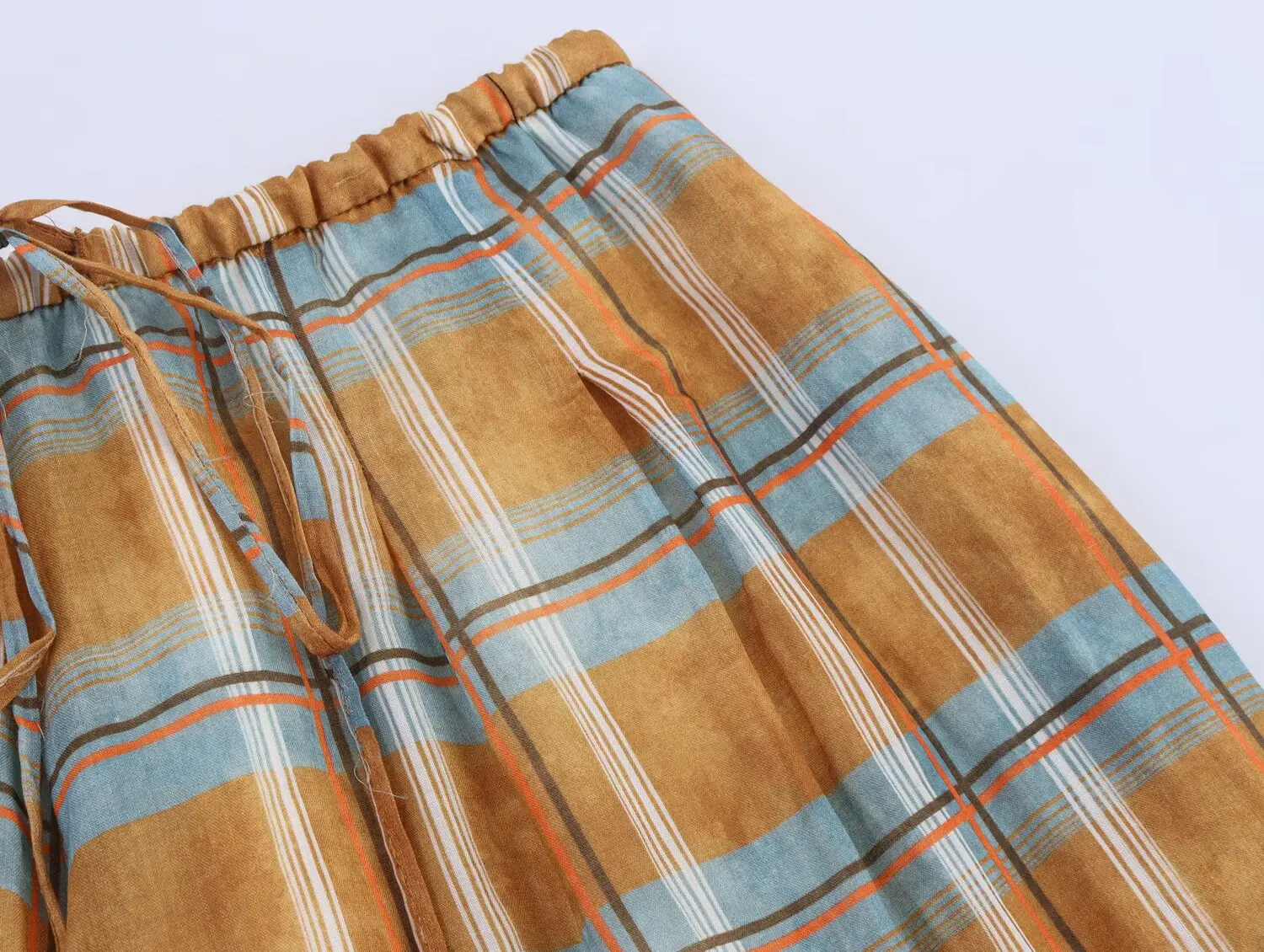 HH Women's 2025 Autumn Fashion Vintage Ramie Bloomers Plaid Printed Loose Pants Female High-Waist Drawstring Casual Trousers