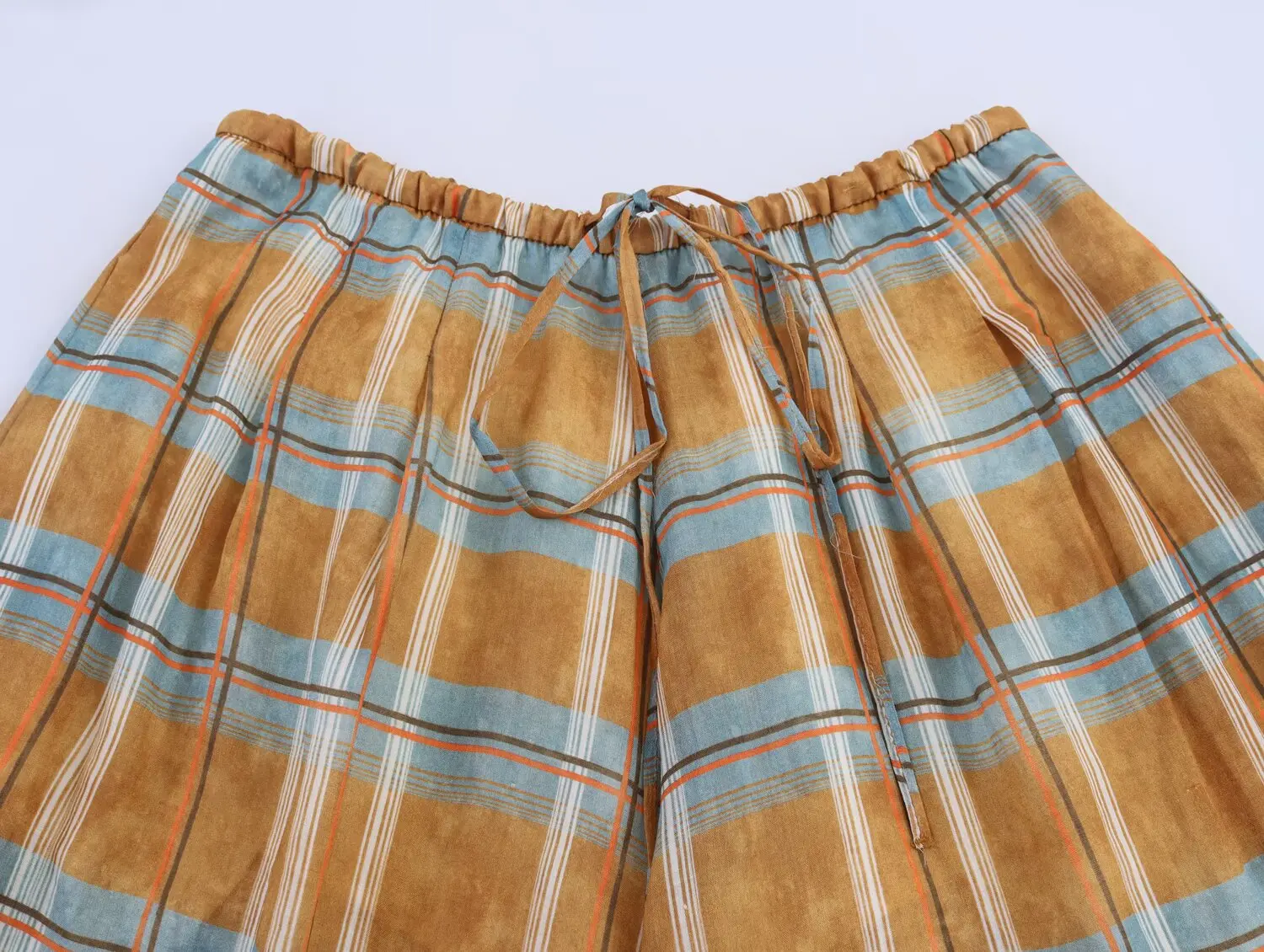 HH Women's 2025 Autumn Fashion Vintage Ramie Bloomers Plaid Printed Loose Pants Female High-Waist Drawstring Casual Trousers