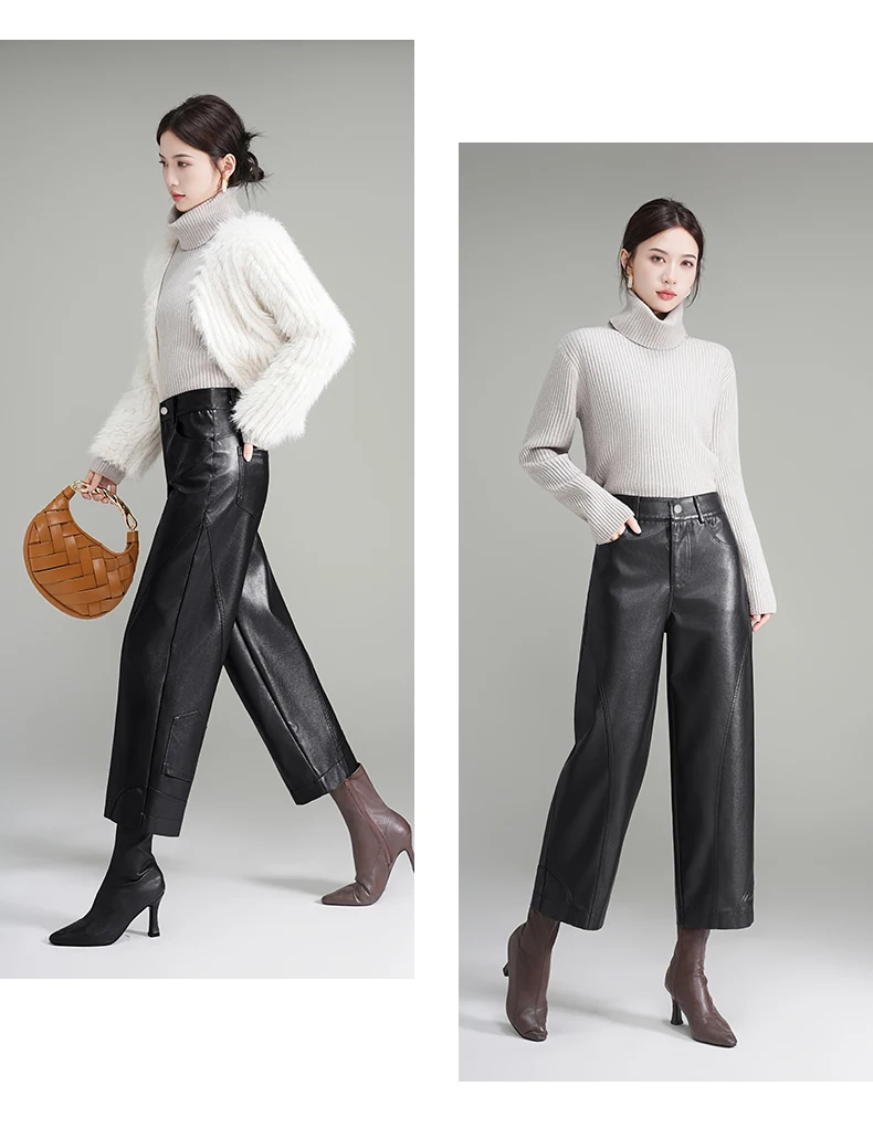ZUZK Women PU Leather Harem Pants Bent Knife Pants New Style Fashion Autumn Winter Ankle-Length Pants Elegant Leather Trousers