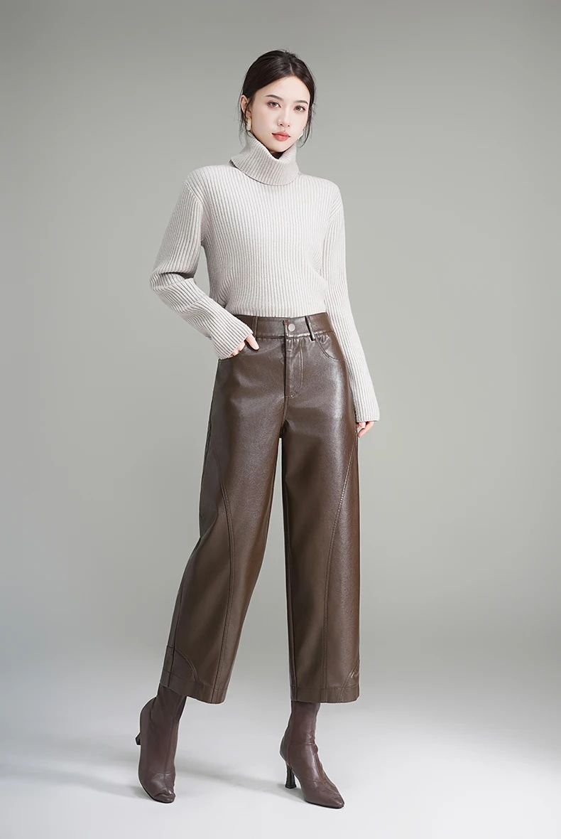 ZUZK Women PU Leather Harem Pants Bent Knife Pants New Style Fashion Autumn Winter Ankle-Length Pants Elegant Leather Trousers