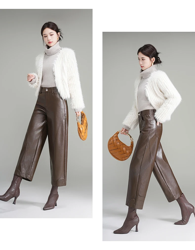 ZUZK Women PU Leather Harem Pants Bent Knife Pants New Style Fashion Autumn Winter Ankle-Length Pants Elegant Leather Trousers