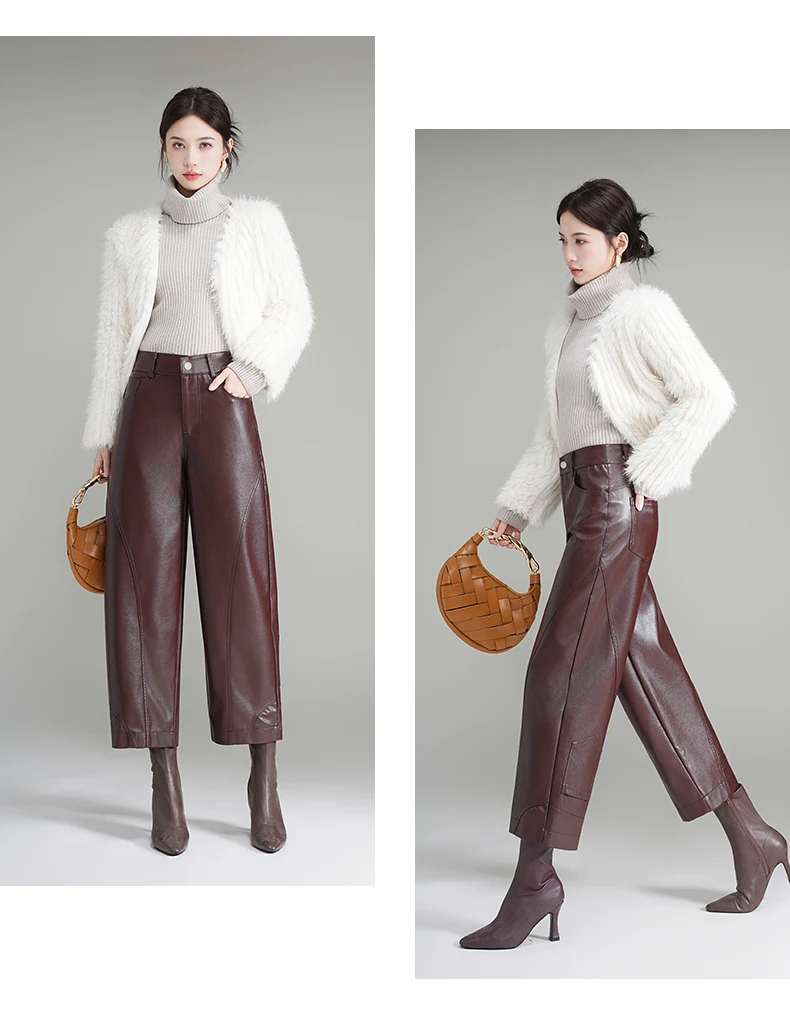 ZUZK Women PU Leather Harem Pants Bent Knife Pants New Style Fashion Autumn Winter Ankle-Length Pants Elegant Leather Trousers