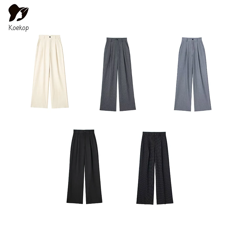 Koekop Woman High Waist Baggy Suit Pants Wide Leg Trousers Women's Formal Pants Office Wear Women Striped Grey Black Pants