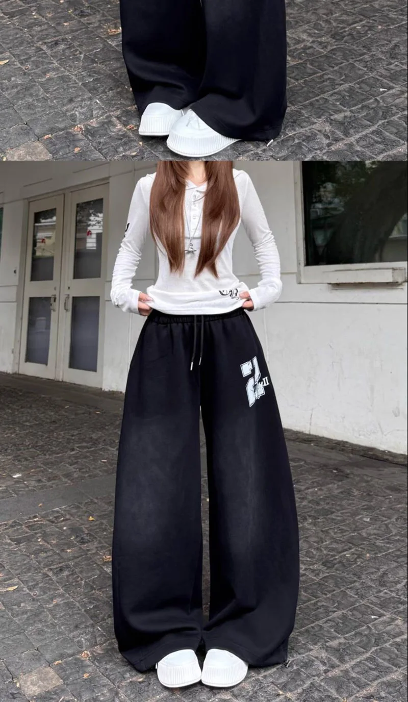 American Hip Hop Letter Streetwear Y2K Pants Women Vintage Harajuku Gradient High Waist Loose Trousers Spring Bf Straight Pant