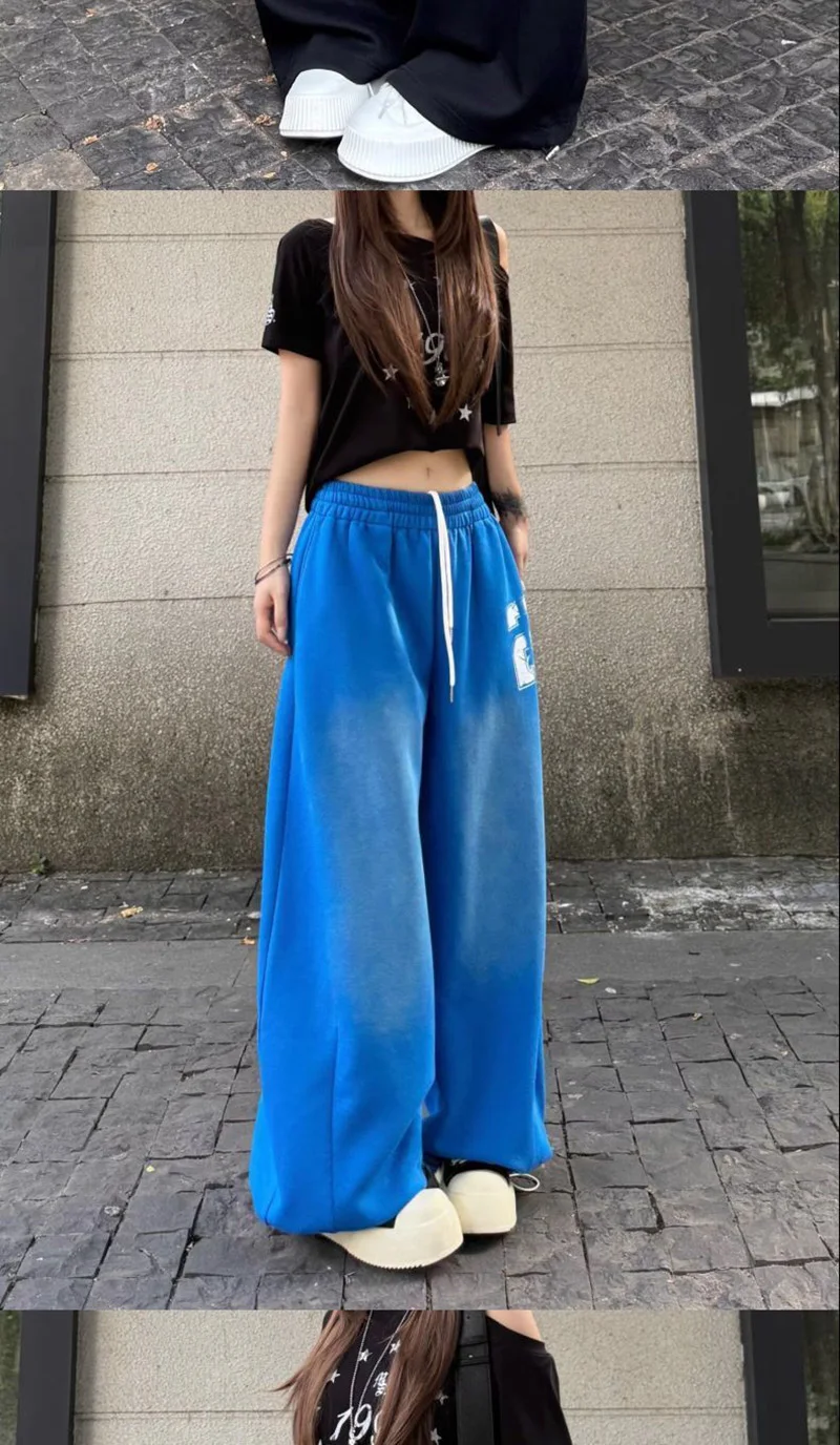 American Hip Hop Letter Streetwear Y2K Pants Women Vintage Harajuku Gradient High Waist Loose Trousers Spring Bf Straight Pant