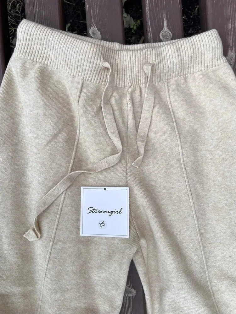 Streamgirl Brown Knitted Pants For Women Winter Spring High Waist White Straight Knitted Trousers Tall Women's Pants Wide Leg