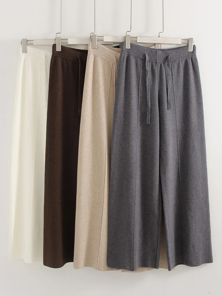 Streamgirl Brown Knitted Pants For Women Winter Spring High Waist White Straight Knitted Trousers Tall Women's Pants Wide Leg