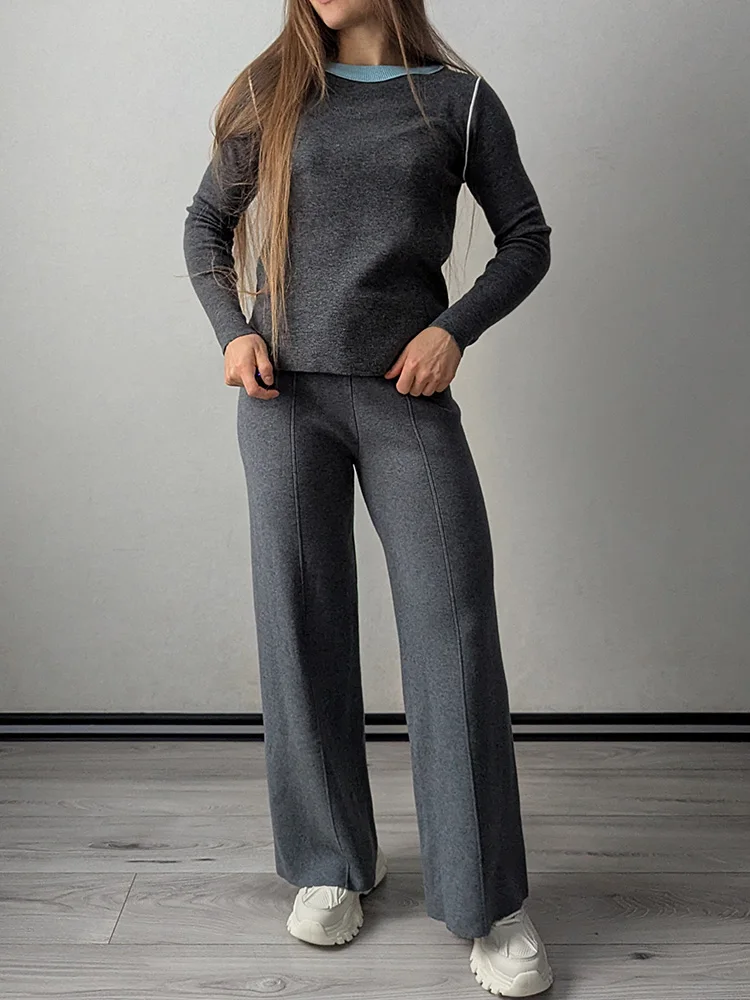 Streamgirl Brown Knitted Pants For Women Winter Spring High Waist White Straight Knitted Trousers Tall Women's Pants Wide Leg