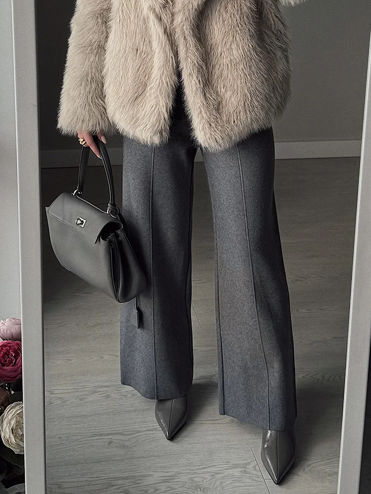 Streamgirl Brown Knitted Pants For Women Winter Spring High Waist White Straight Knitted Trousers Tall Women's Pants Wide Leg