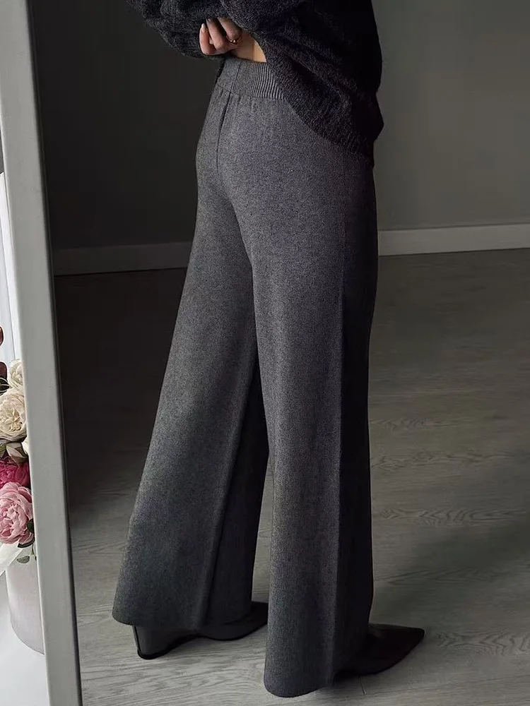 Streamgirl Brown Knitted Pants For Women Winter Spring High Waist White Straight Knitted Trousers Tall Women's Pants Wide Leg
