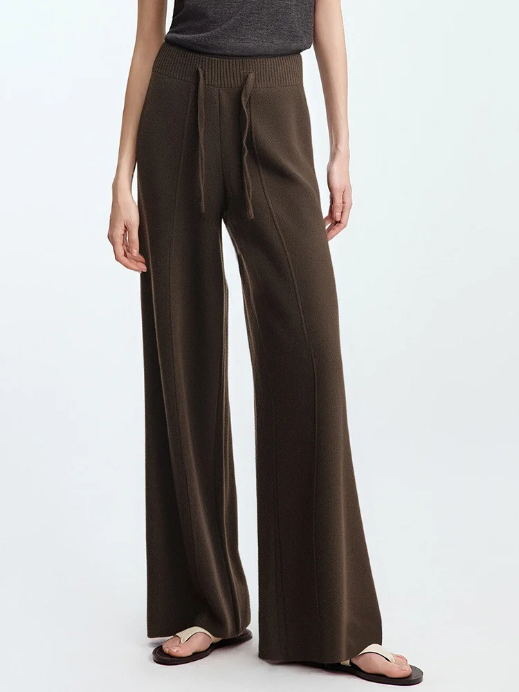 Streamgirl Brown Knitted Pants For Women Winter Spring High Waist White Straight Knitted Trousers Tall Women's Pants Wide Leg