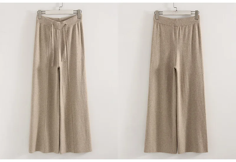 Streamgirl Brown Knitted Pants For Women Winter Spring High Waist White Straight Knitted Trousers Tall Women's Pants Wide Leg