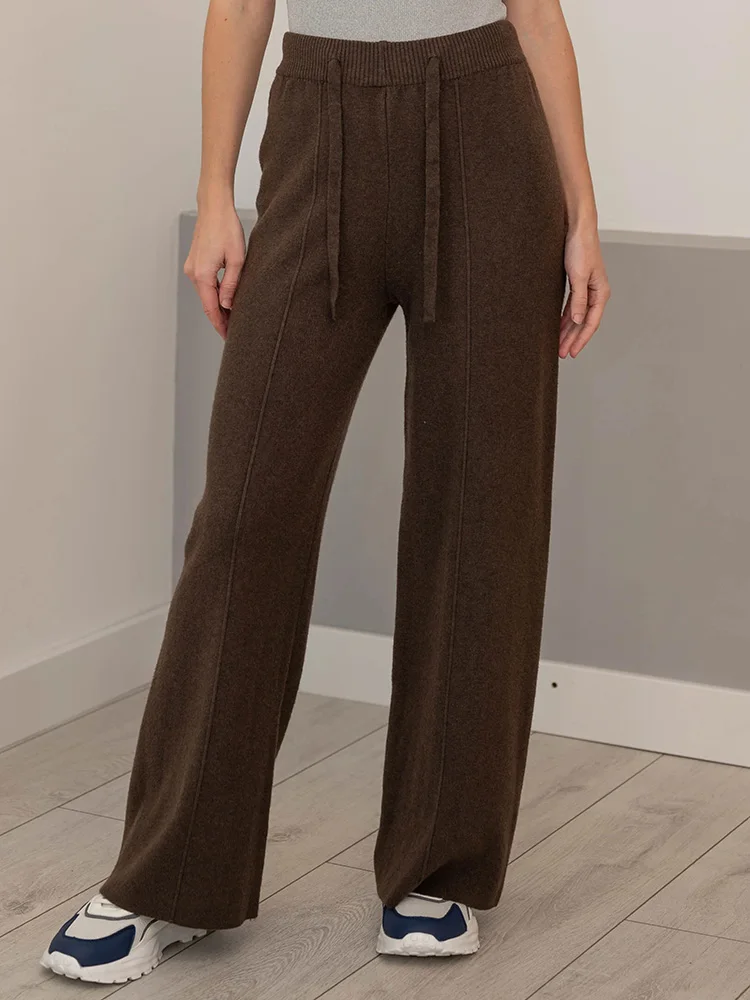Streamgirl Brown Knitted Pants For Women Winter Spring High Waist White Straight Knitted Trousers Tall Women's Pants Wide Leg