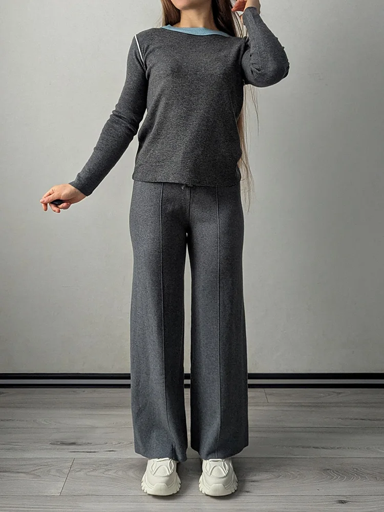 Streamgirl Brown Knitted Pants For Women Winter Spring High Waist White Straight Knitted Trousers Tall Women's Pants Wide Leg