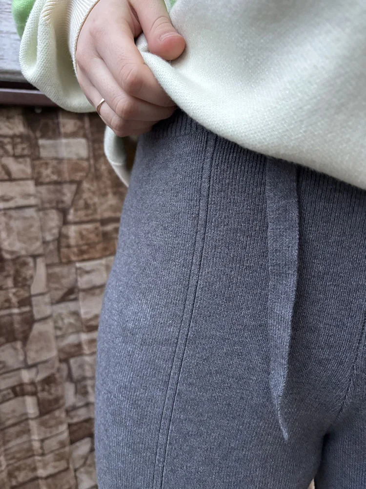 Streamgirl Brown Knitted Pants For Women Winter Spring High Waist White Straight Knitted Trousers Tall Women's Pants Wide Leg