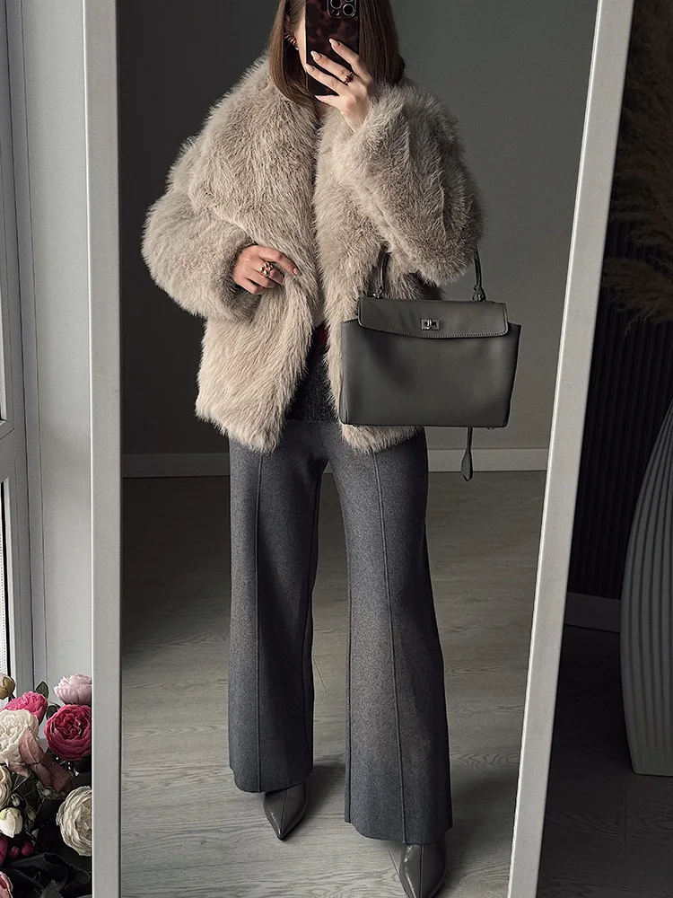 Streamgirl Brown Knitted Pants For Women Winter Spring High Waist White Straight Knitted Trousers Tall Women's Pants Wide Leg